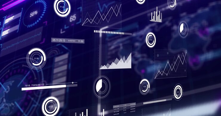Floating holographic data panel pulsing and rotating at dashboard with gauges, line charts, sidebar
