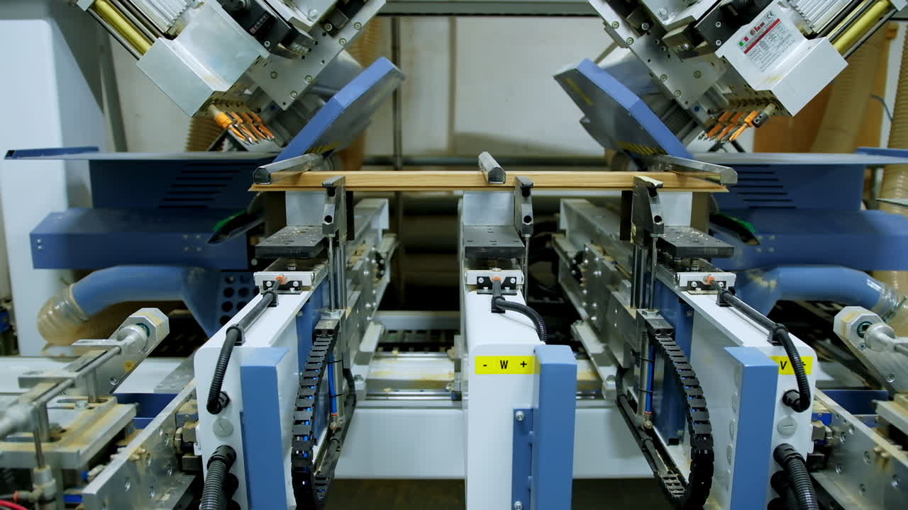 Robotic device for door production. Modern automated equipment making doors in a workshop. Front view.