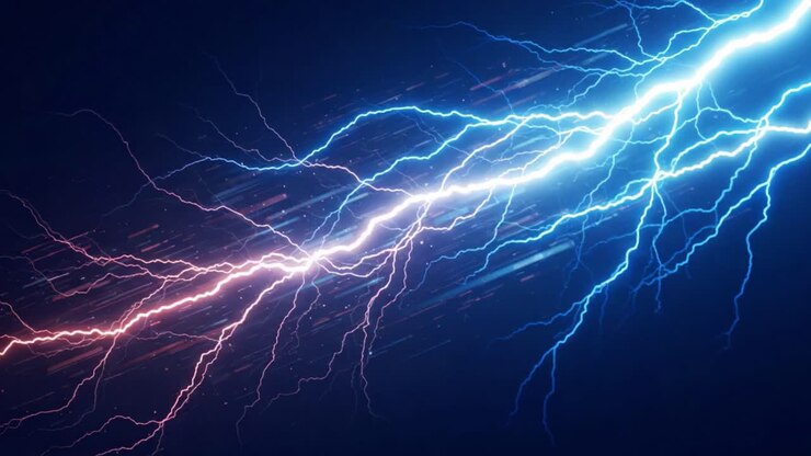 Visualizzazione Dinamica dell'Energia: Un Viaggio Mozzafiato Attraverso gli Intensi e Colorati Fulmini che Illuminano il Cielo Scuro