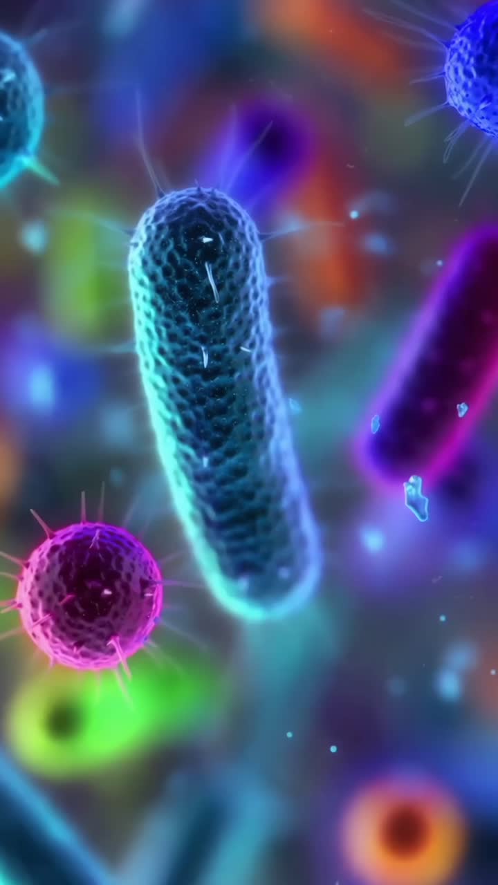 Colorata visualizzazione al microscopio di batteri, angolazione ravvicinata, stile vivace, perfetta per i video