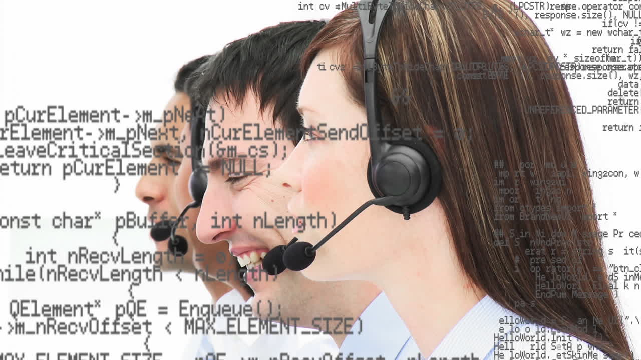 Animation of data processing over business people using phone headsets