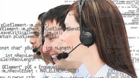 animación del procesamiento de datos sobre personas de negocios que usan auriculares telefónicos