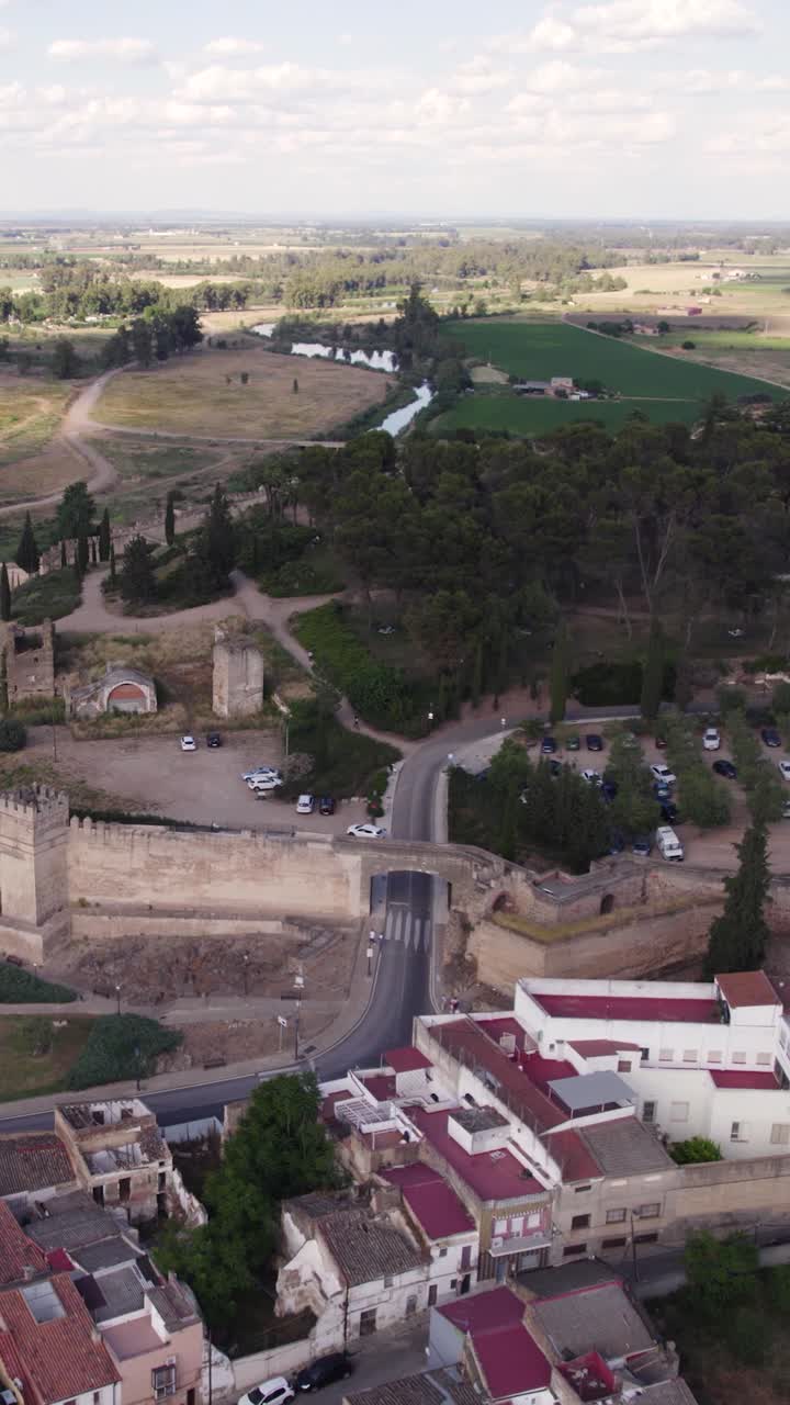 Vista aerea verticale che rivela la storica Alcazaba di Badajoz, mostrando l'architettura della fortezza e il panorama urbano