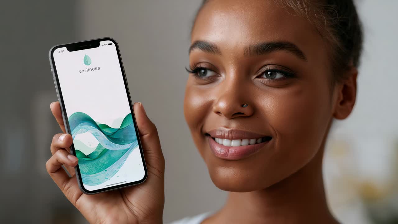 Inquadratura di uno smartphone: donna con top bianco che inclina il telefono a casa, mostrando un'app per il benessere