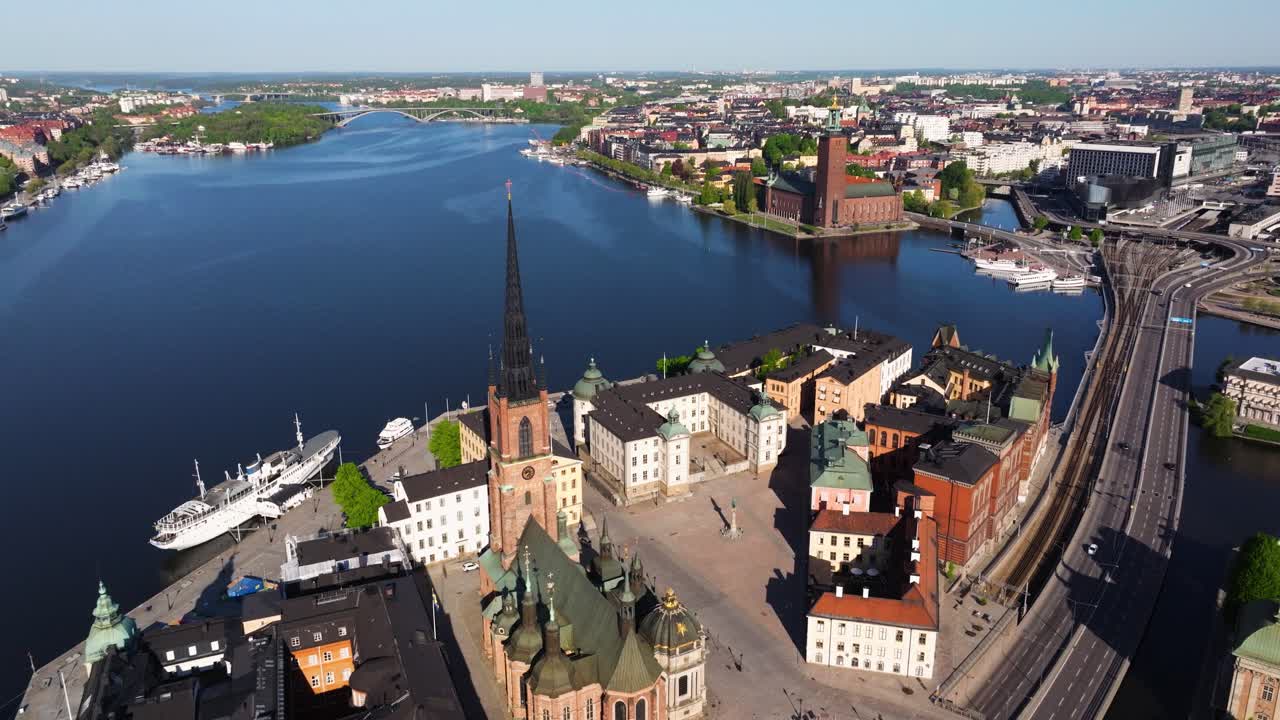 Amazing Aerial View Above Riddarholmen Islet in Stockholm, Sweden. City Hall