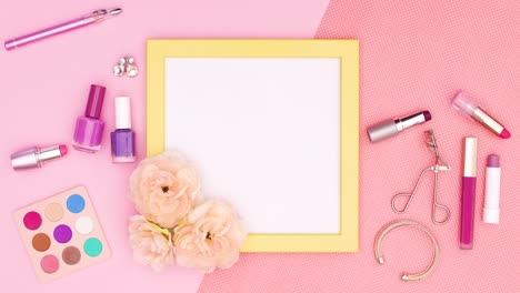 yellow frame for text and make up products appear on pink theme. stop motion