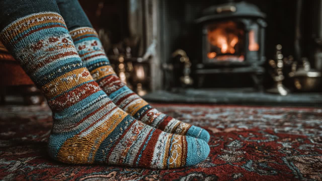 Cozy Vibrant Handmade Socks by the Warm Fire in a Rustic Living Space, Invoking Comfort and Relaxation in a Charming Atmosphere