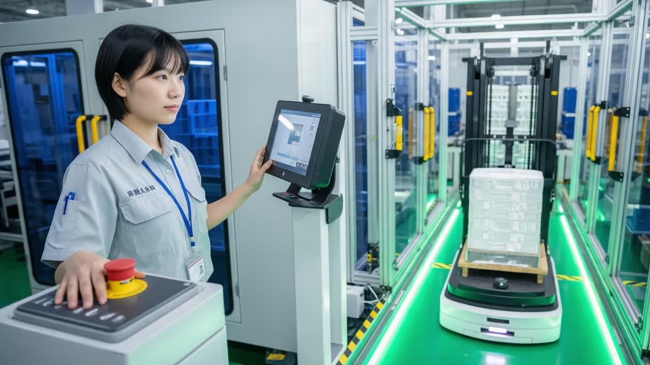 An operator efficiently monitors an automated system while interacting with a touchscreen control panel in a modern logistics facility focused on automation and technology