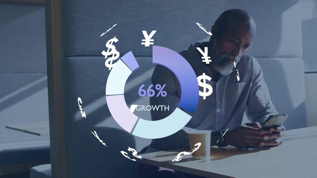 Man tapping phone in booth, orbiting currencies while donut segments filling to 87% finance growth