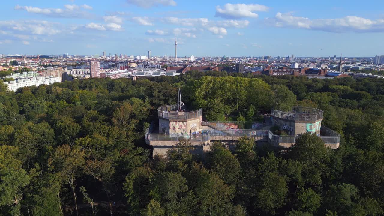 Great aerial top view flight Flak tower Humboldthain Bunker World War 2, Berlin mitte summer 2023