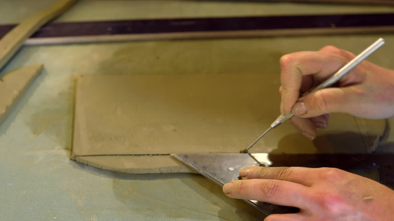 Woman cutting out clay with a ruler