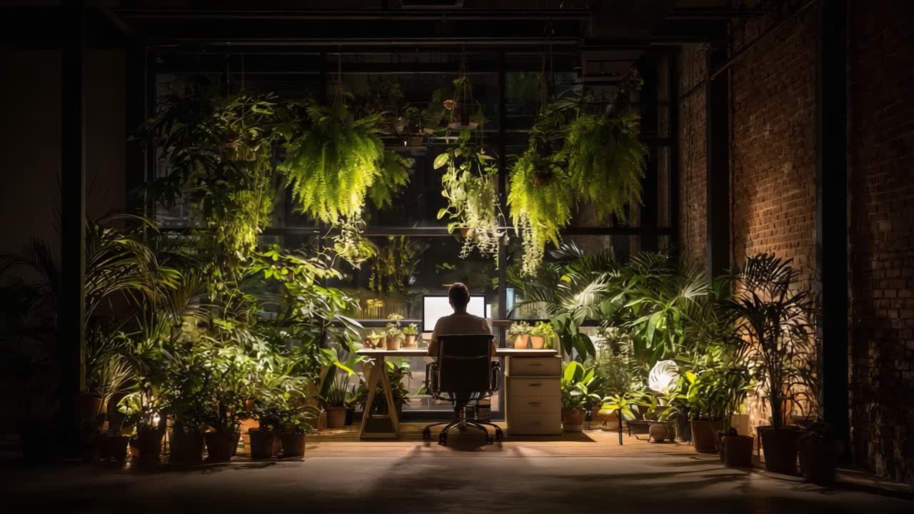 A Serene Workspace Surrounded by Lush Greenery: A Person Engaging with Nature-Inspired Productivity in an Inspiring Indoor Environment at Night