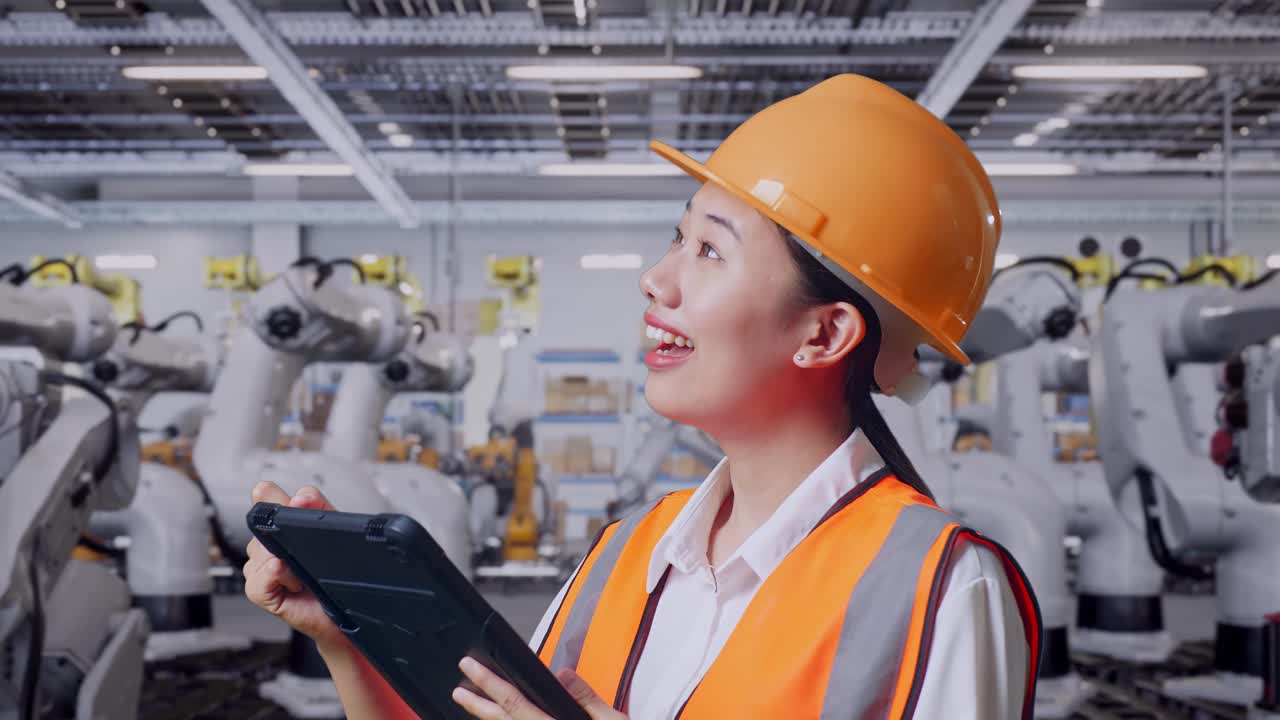 로이 있는 공장에서 태블릿을 사용하는 엔지니어