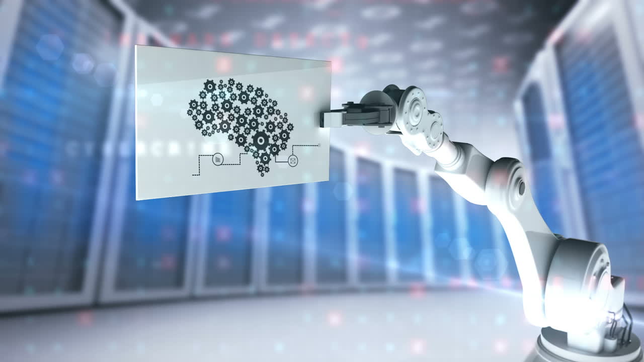 Digitally generated video of robotic arm holding card with diagram of machine