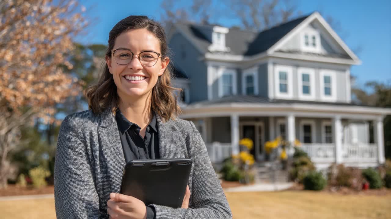 Confident Real Estate Agent Showcasing Property with Enthusiasm, Highlighting Attractive Features and Engaging Potential Buyers in a Serene Neighborhood Setting