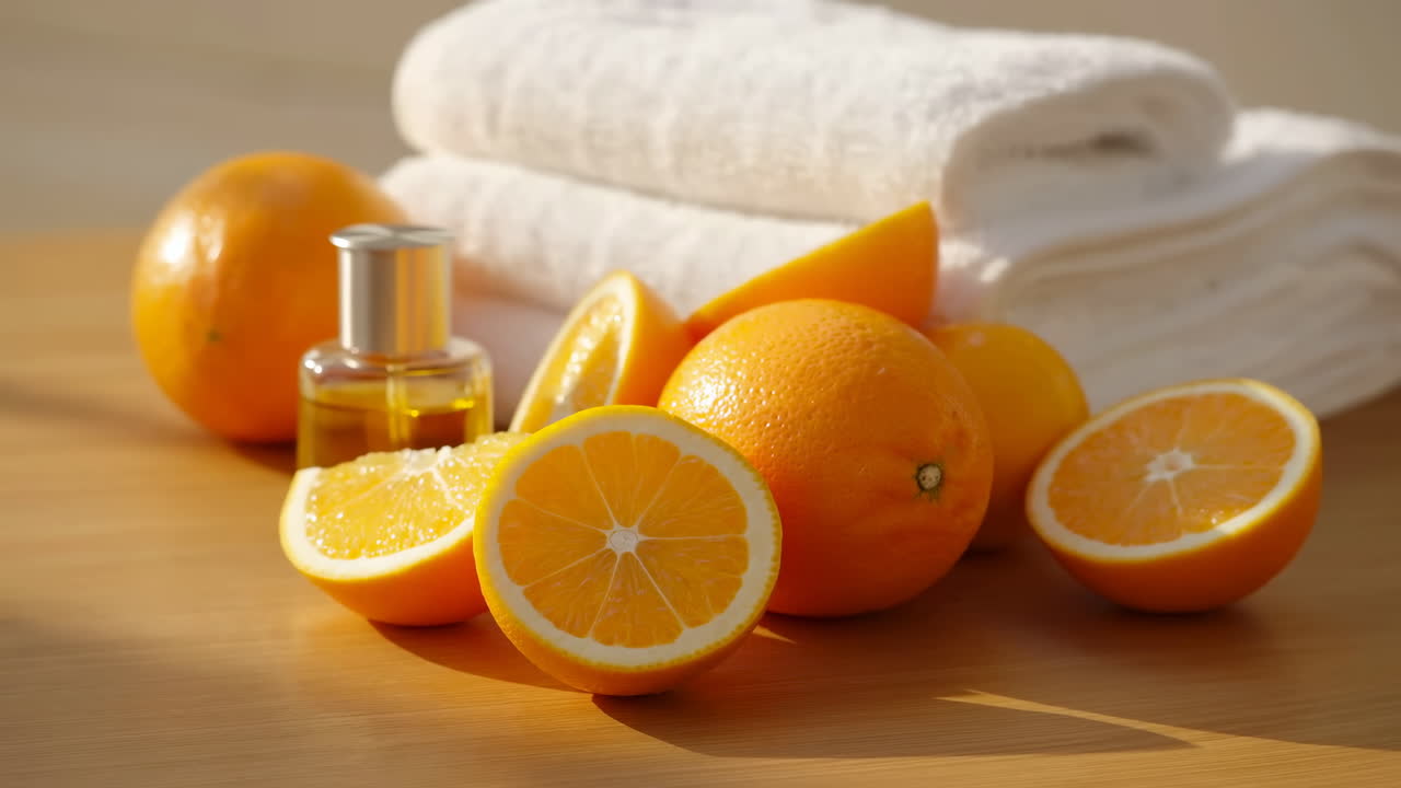 Fresh Oranges And Aromatherapy Oil Arranged On Sunlit Wooden Surface With Folded White Towels, Halved Fruit,