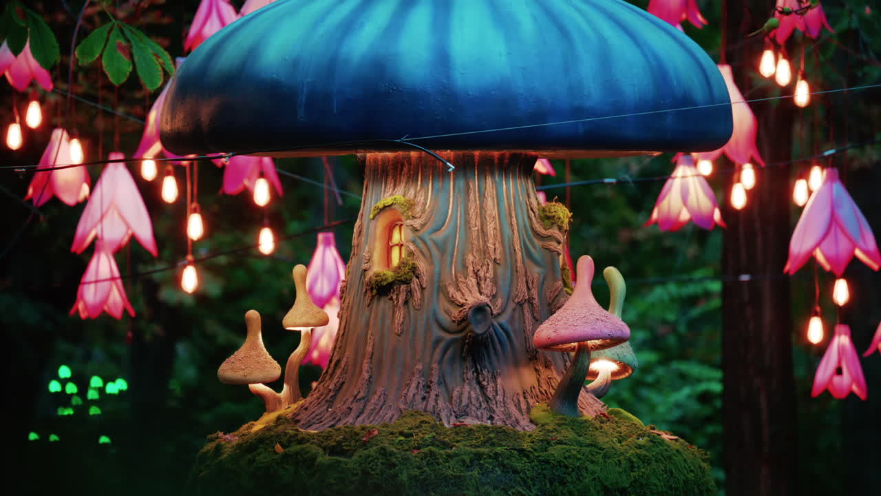 Installazione colorata di funghi in stile fantasy con luci fluorescenti e lampade decorative a forma di fiore in un ambiente boschivo