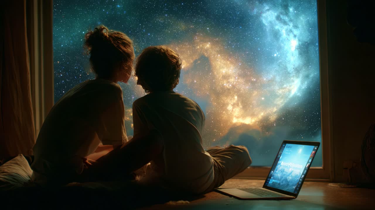 A Dreamy Night Sky Adventure: Two Children Gazing at the Cosmic Wonders from Their Room with a Magical Starry Background and a Laptop Illuminating Their Curiosity