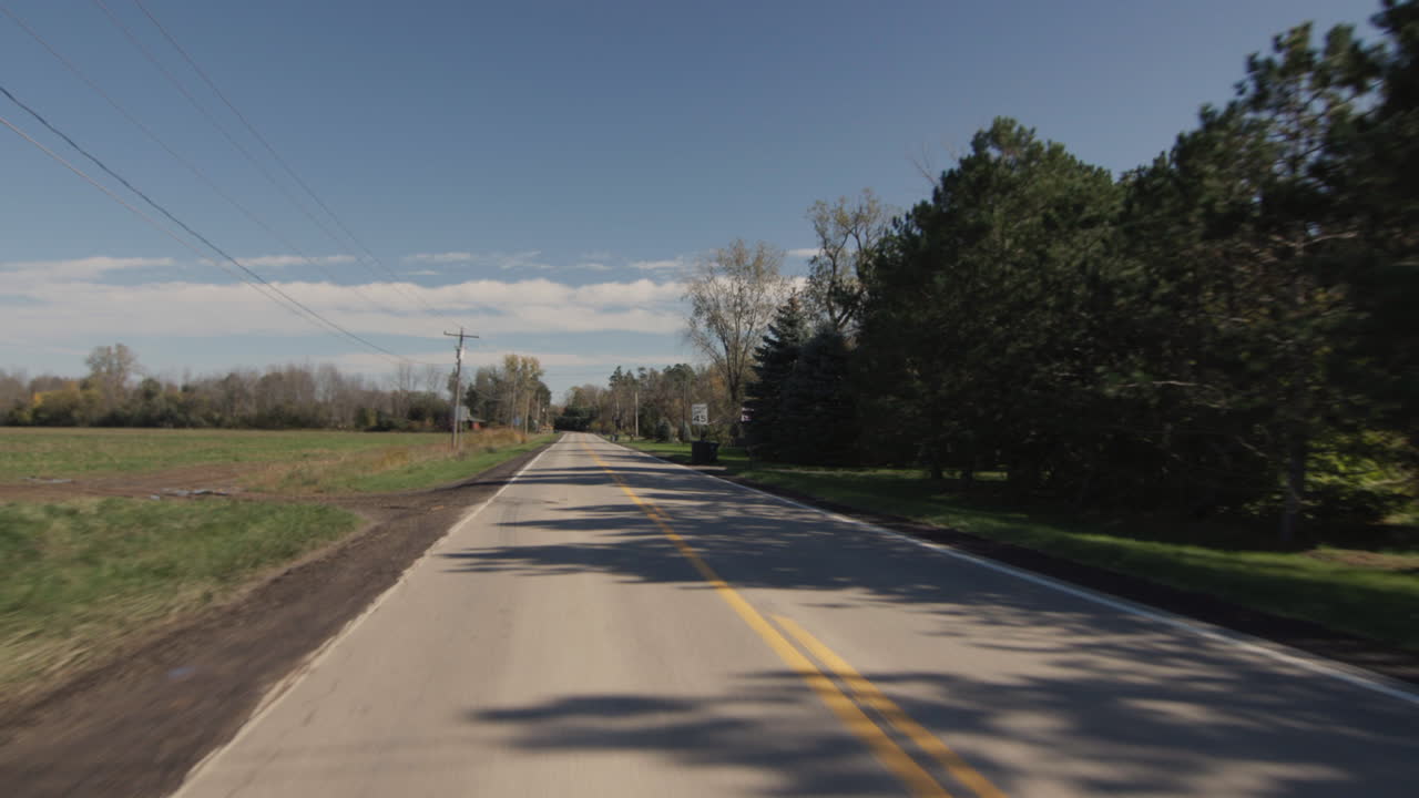 Driving straight on a flat road in a typical American agricultural region. Driver's view