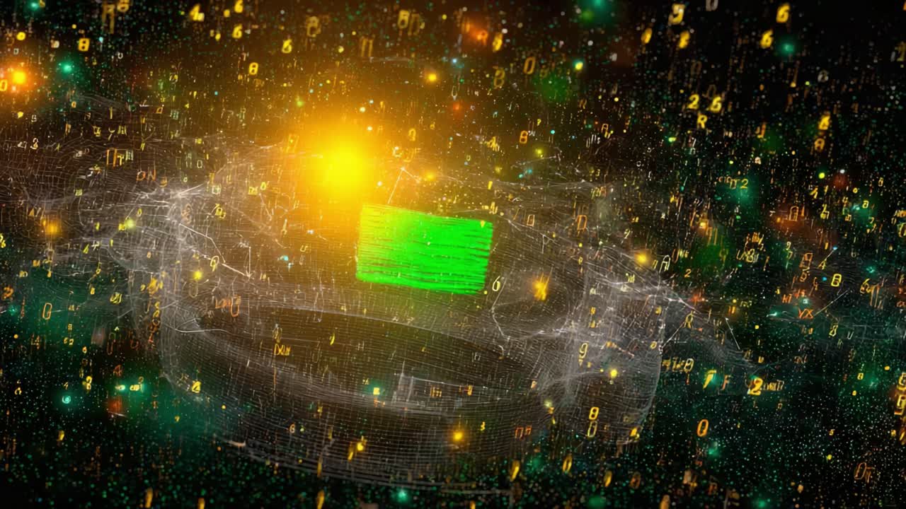 Abstract animation of big data processing in a virtual reality network with glowing numbers and a green screen element, representing digital information, coding, and futuristic finance