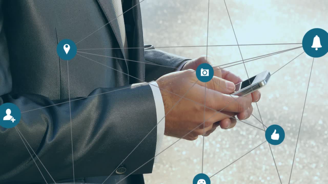 animación de la red de conexiones empresario caucásico usando teléfono inteligente