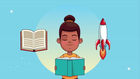 una pequeña estudiante afro leyendo un libro con un personaje animado de cohetes