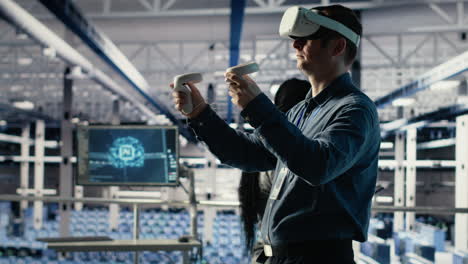 programmer in server room wearing vr headset optimizing deep learning systems