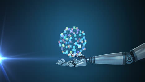 animación de una red de iconos de medios sobre la mano del brazo del robot, con luz en movimiento sobre fondo azul