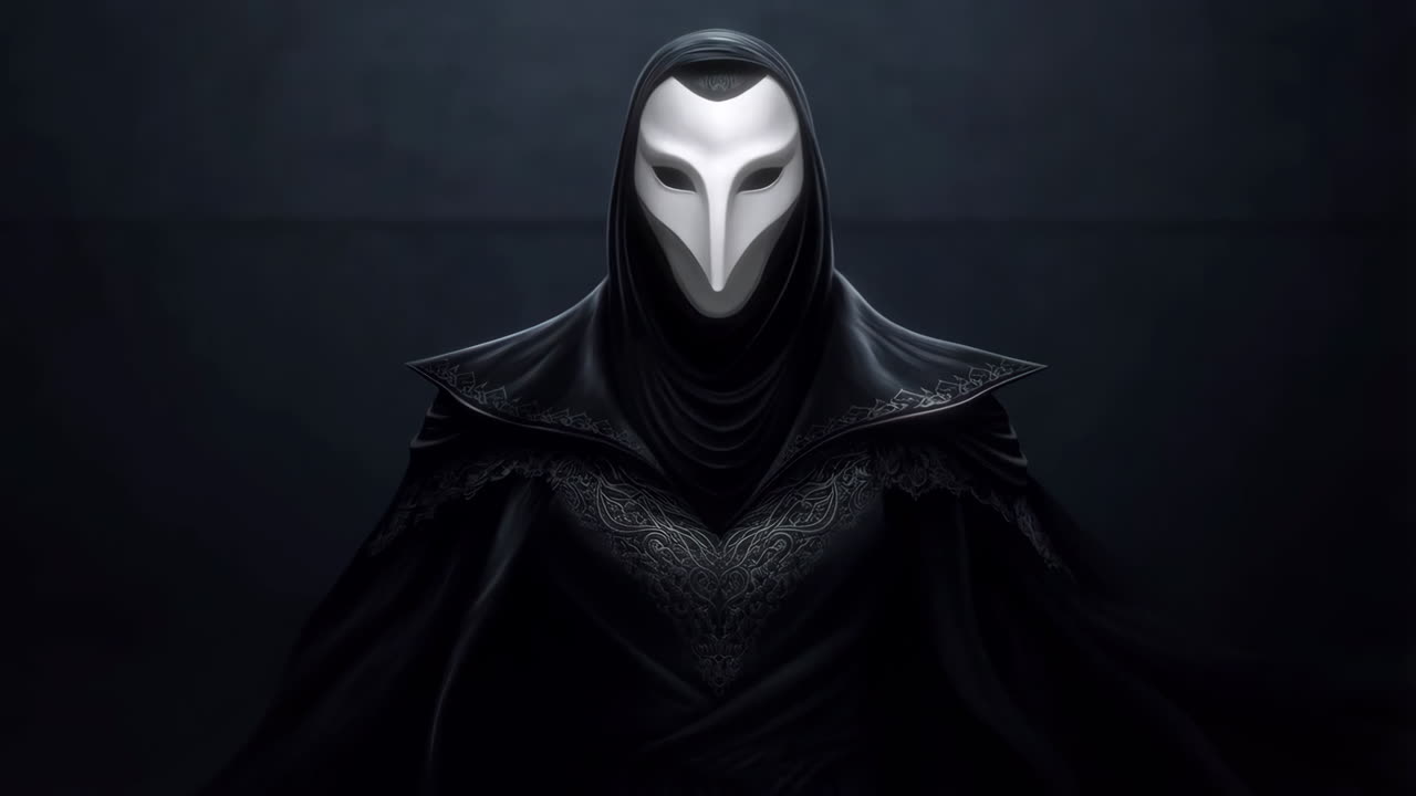 Mysterious Hooded Figure with White Mask