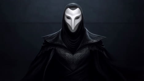 mysterious hooded figure with white mask