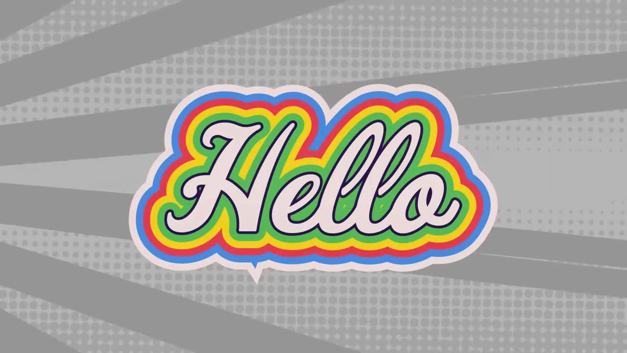 Digital animation of hello text with rainbow shadow effect against grey radial background