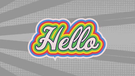animación digital del texto de saludo con efecto de sombra de arco iris contra un fondo radial gris