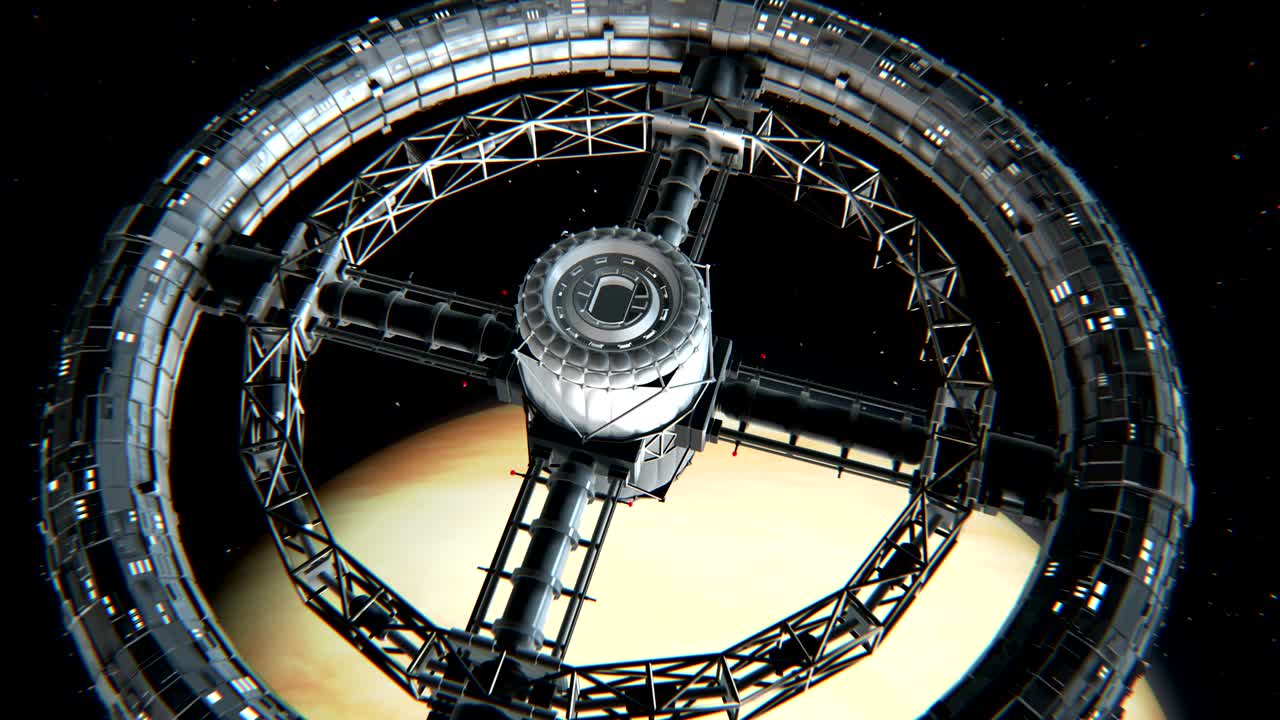 금성 배경에 있는 원형 우주 정거장