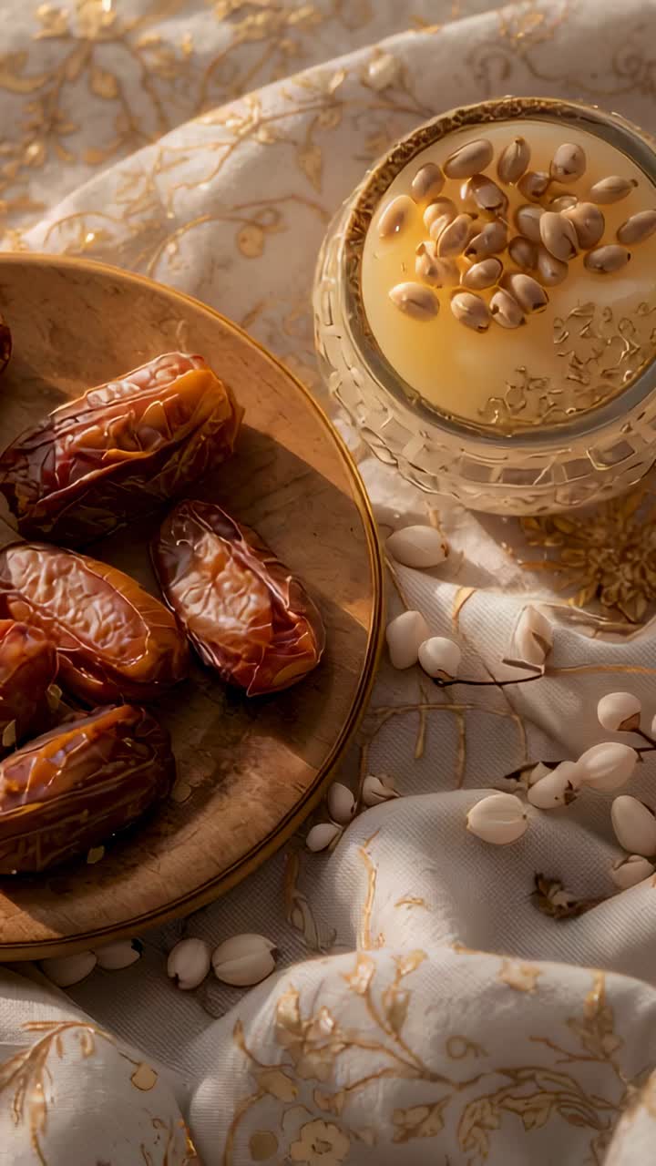 Vertical video: Sliding shot showing brass dish with dates and glass bowl on white cloth with seeds