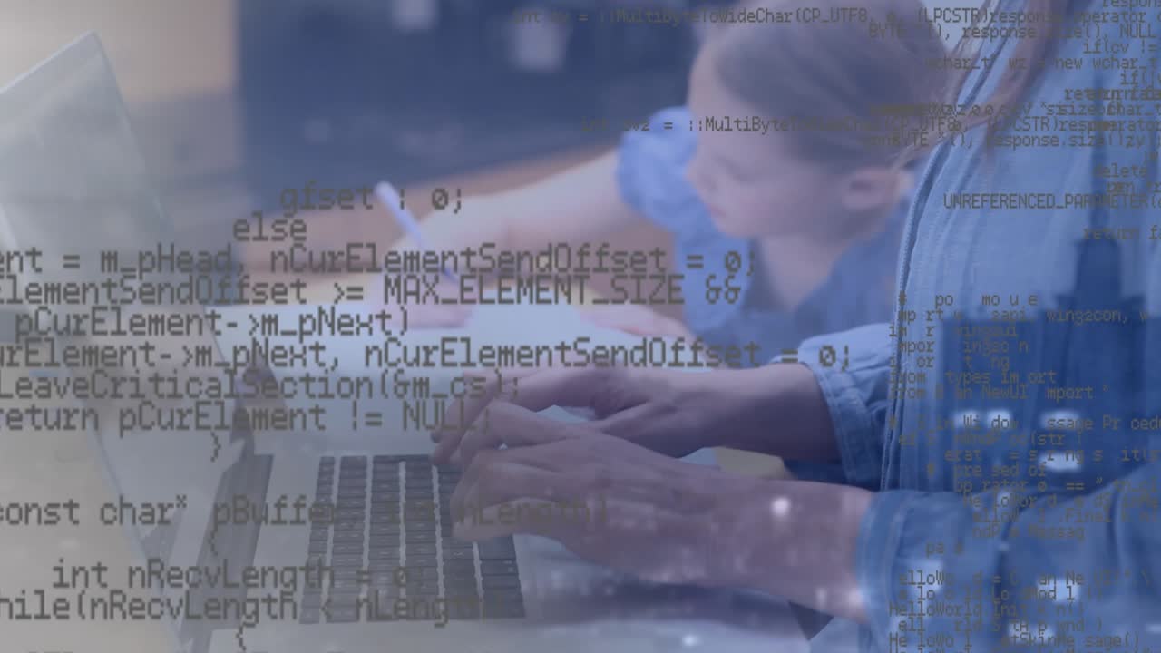 Animation of data processing over mid section of female teacher using laptop against cityscape