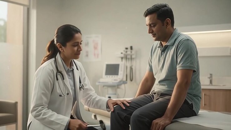 Female Doctor Performing Knee Reflex Test on Male Patient in Clinic