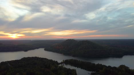 mountain covered in autumn forest near beautiful lake with flying birds