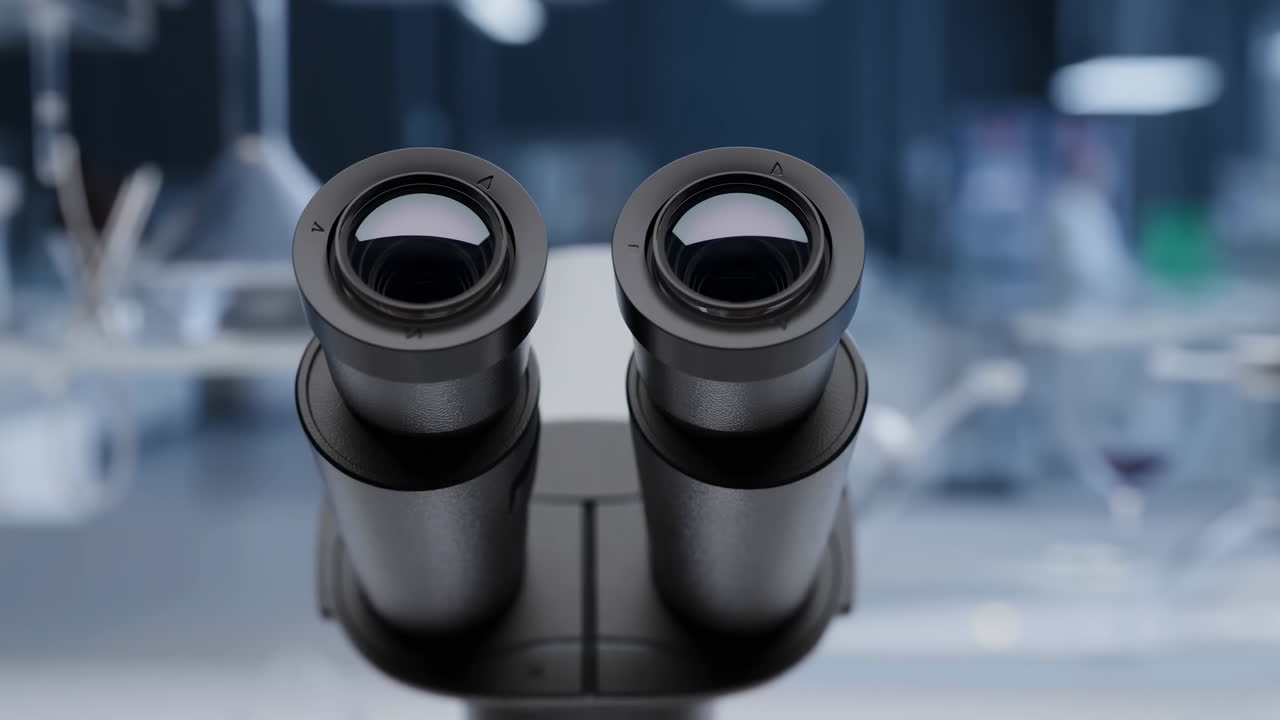 Closeup Microscope Eyepieces In Laboratory Research Setting Showing Blurred Glassware And Instrument