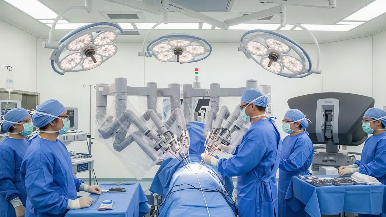 Highly Advanced Robotic Surgery in Progress: Medical Team Collaborates in Operating Room Utilizing State-of-the-Art Equipment for Precision and Efficiency