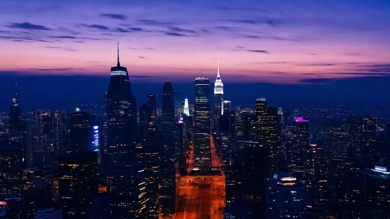 밤에 뉴욕 시의 스카이라인을 보여주는 여섯 개의 사진, 다채로운 해가 지는 하늘이 어두운 파란색으로 변하는