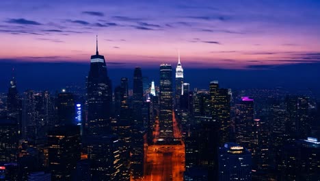 six images showing the new york city skyline at night, with the colorful sunset sky turning dark blue