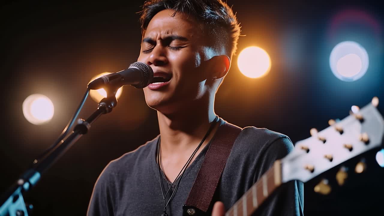 Young Man Singing and Playing Acoustic Guitar on Stage