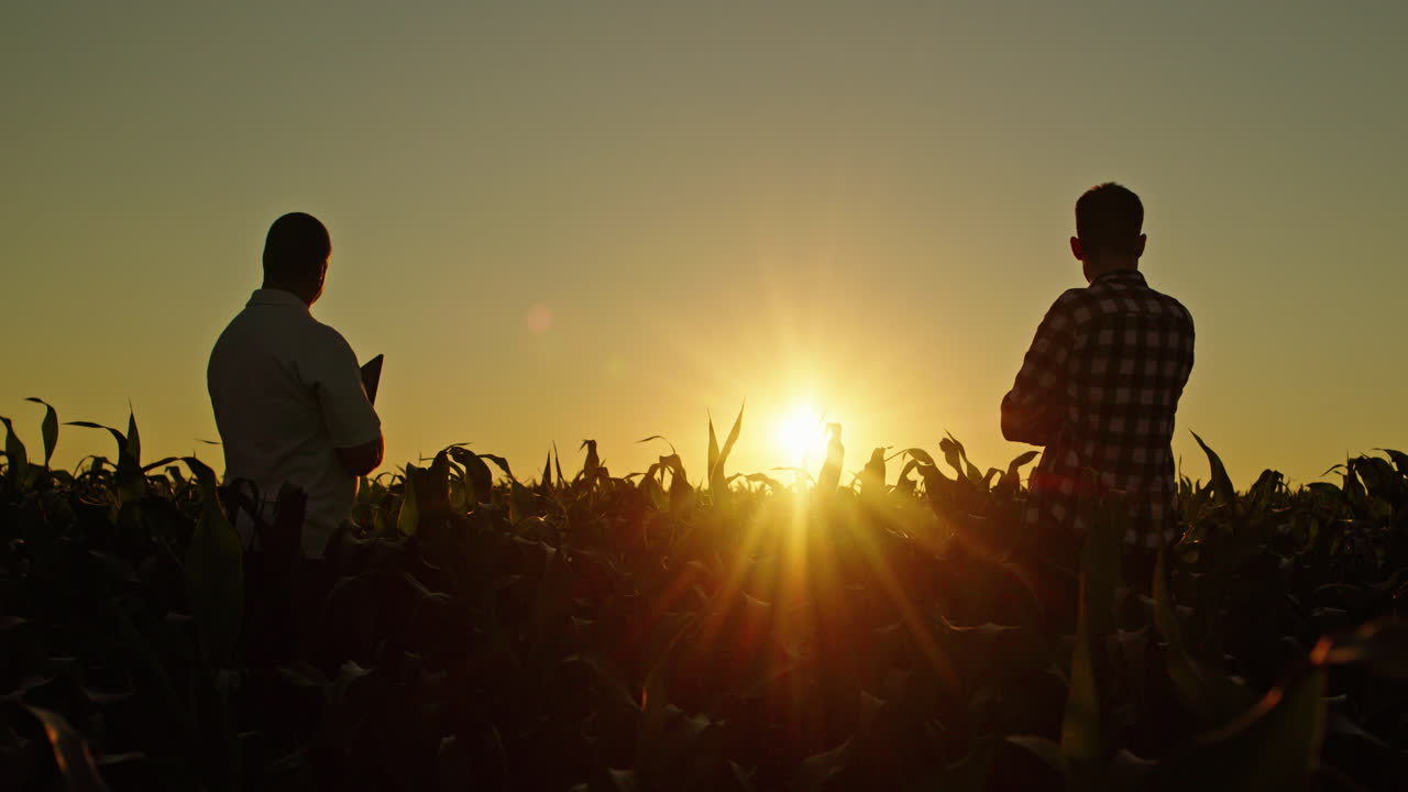 los agricultores discutiendo en el campo de maíz al atardecer