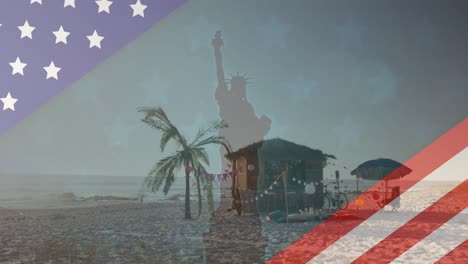 Animation-Der-Amerikanischen-Flagge,-Die-Die-Freiheitsstatue-Und-Die-Strandbar-Enthüllt