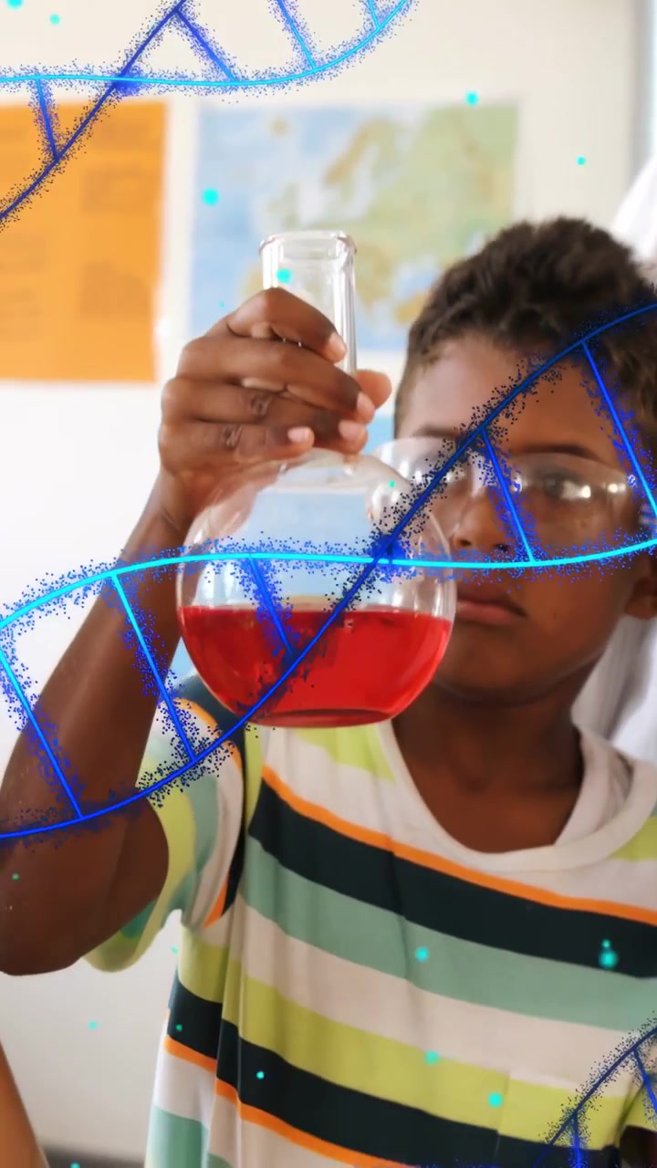 Vertical video: Boy picking flask, raising and rotating it while blue DNA helix overlays for lab