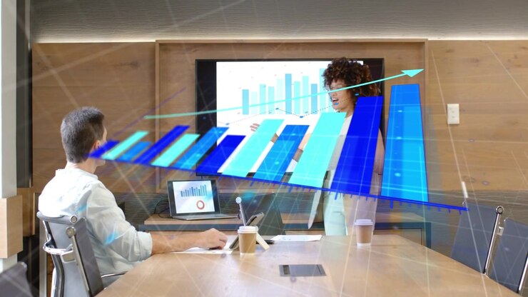 3D bars sweeping table starting presenter rising, explaining business chart growth overlaying man