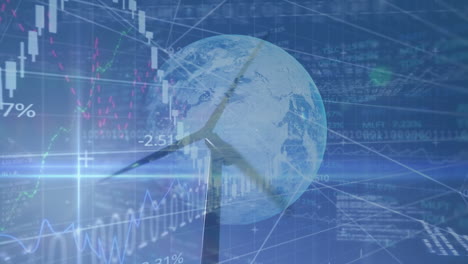 animación del procesamiento de datos financieros sobre la turbina eólica y el globo