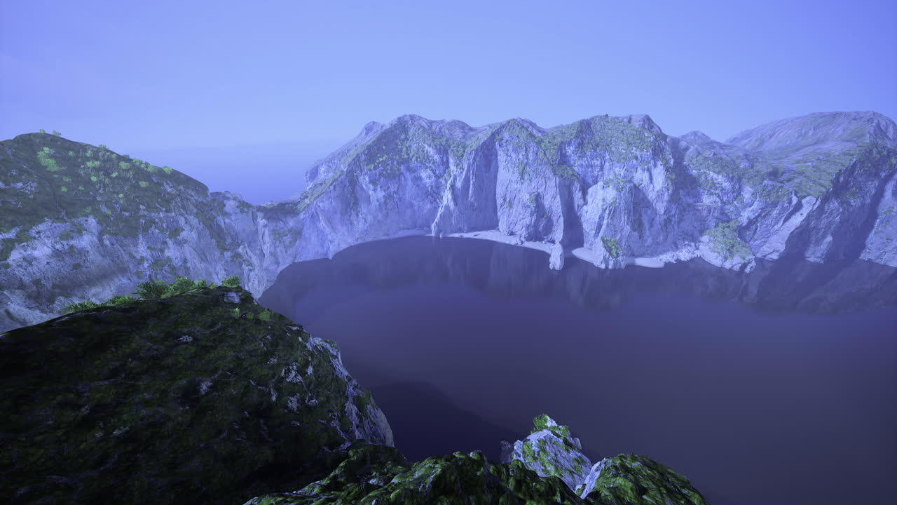 Scenic mountain landscape overlooking a serene lake at dusk in nature