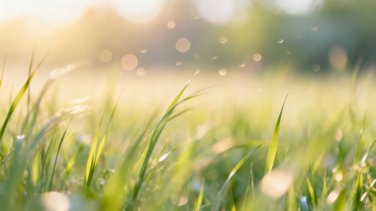 そよ風になびく揺れる緑の草の葉、ゴールデンアワーの牧草地に舞う粒子
