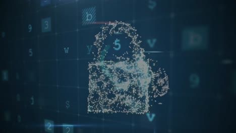 animación de un candado de seguridad e icono de nube sobre el procesamiento de datos de ciberseguridad en fondo azul.
